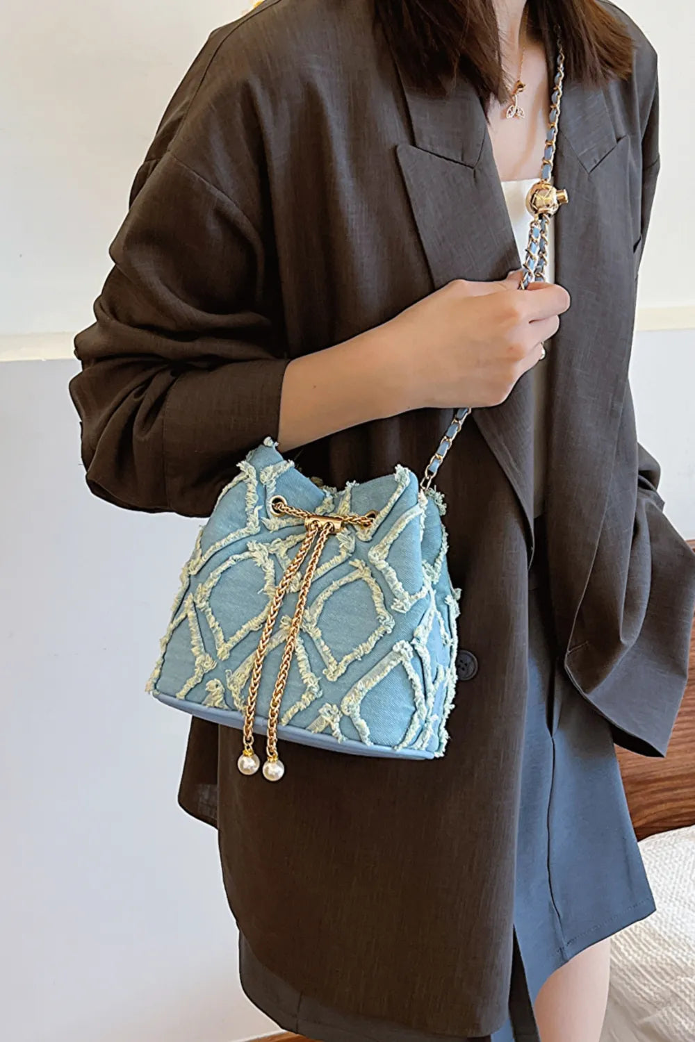 Chain Drawstring Raw Edge Denim Bucket Bag - LaTezza Online Shop
