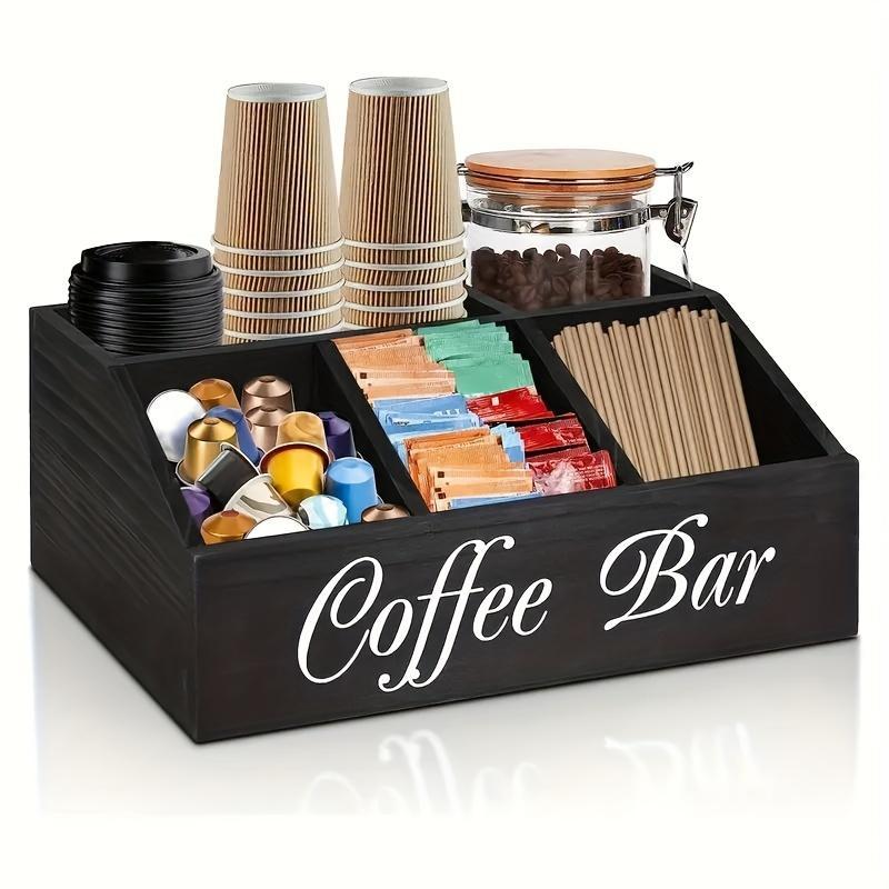 1 Piece Classic Wooden Coffee Bar Storage Box Multi-compartment Coffee Accessories