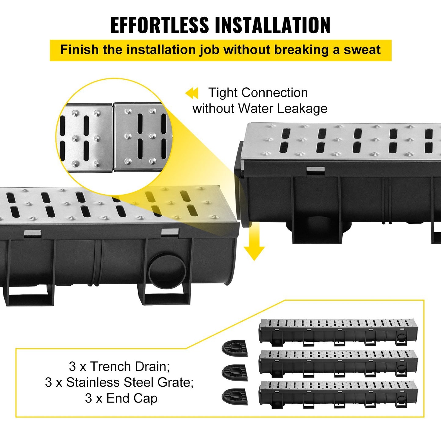 VEVOR Trench Drain System, Channel Drain With Metal Grate, 5.9x5.1-Inch HDPE Drainage Trench, Black Plastic Garage Floor Drain, 3x39 Trench Drain Grate, With 3 End Caps, For Garden, Driveway- - LaTezza Online Shop
