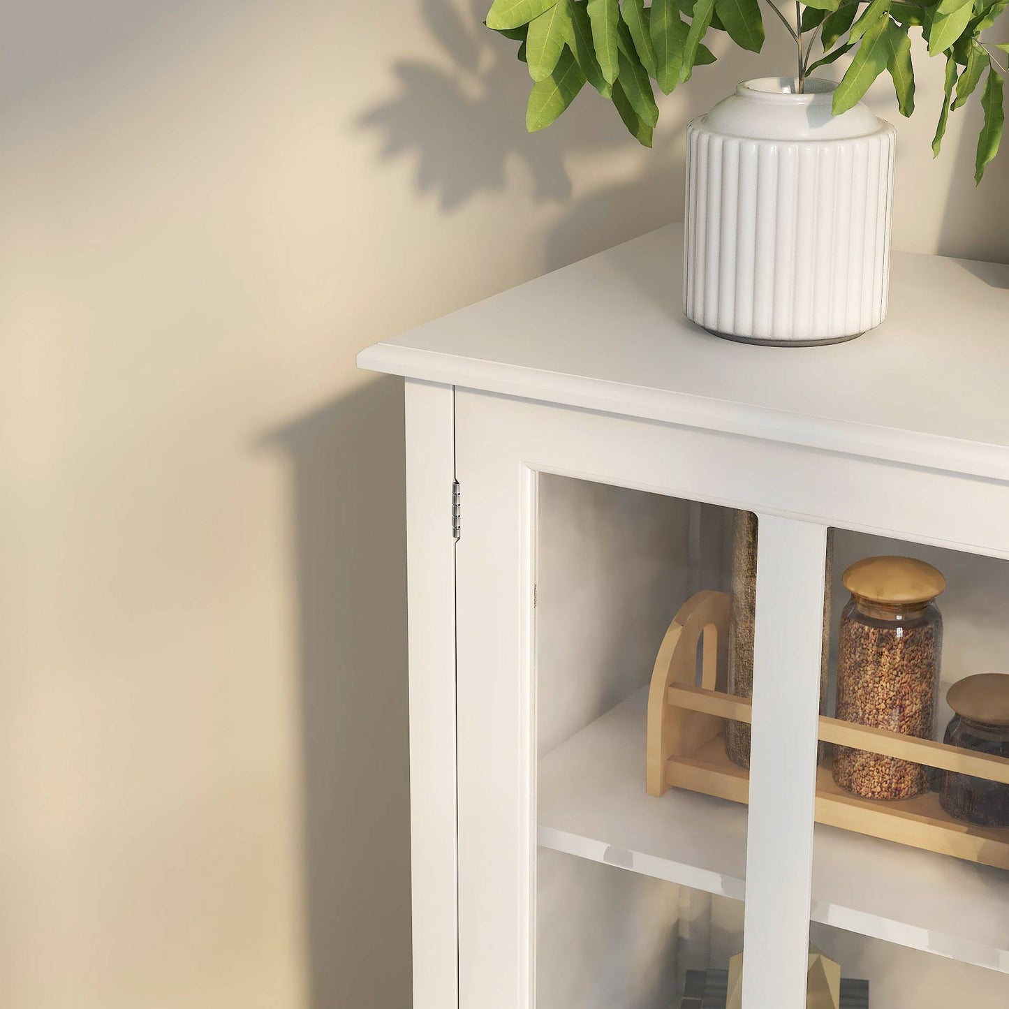 Buffet Storage Cabinet With Double Glass Doors And Unique Bell Handle