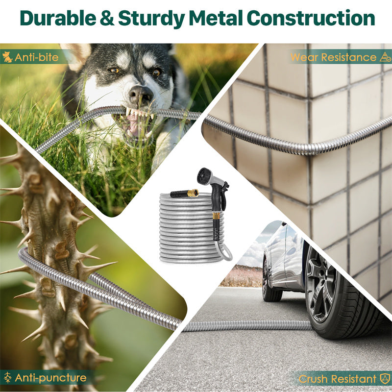 Metal Garden Hose Stainless Steel Flexible With 10 Adjustable Patterns Spray Heavy Duty 2 Nozzles