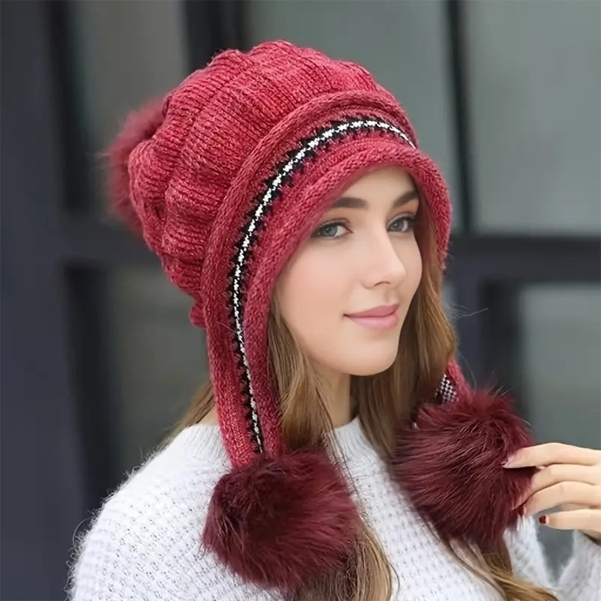 Knit Fleece-Feel Beanie With Ear Flaps & Pompom Warm Winter Hat For Women - LaTezza Online Shop