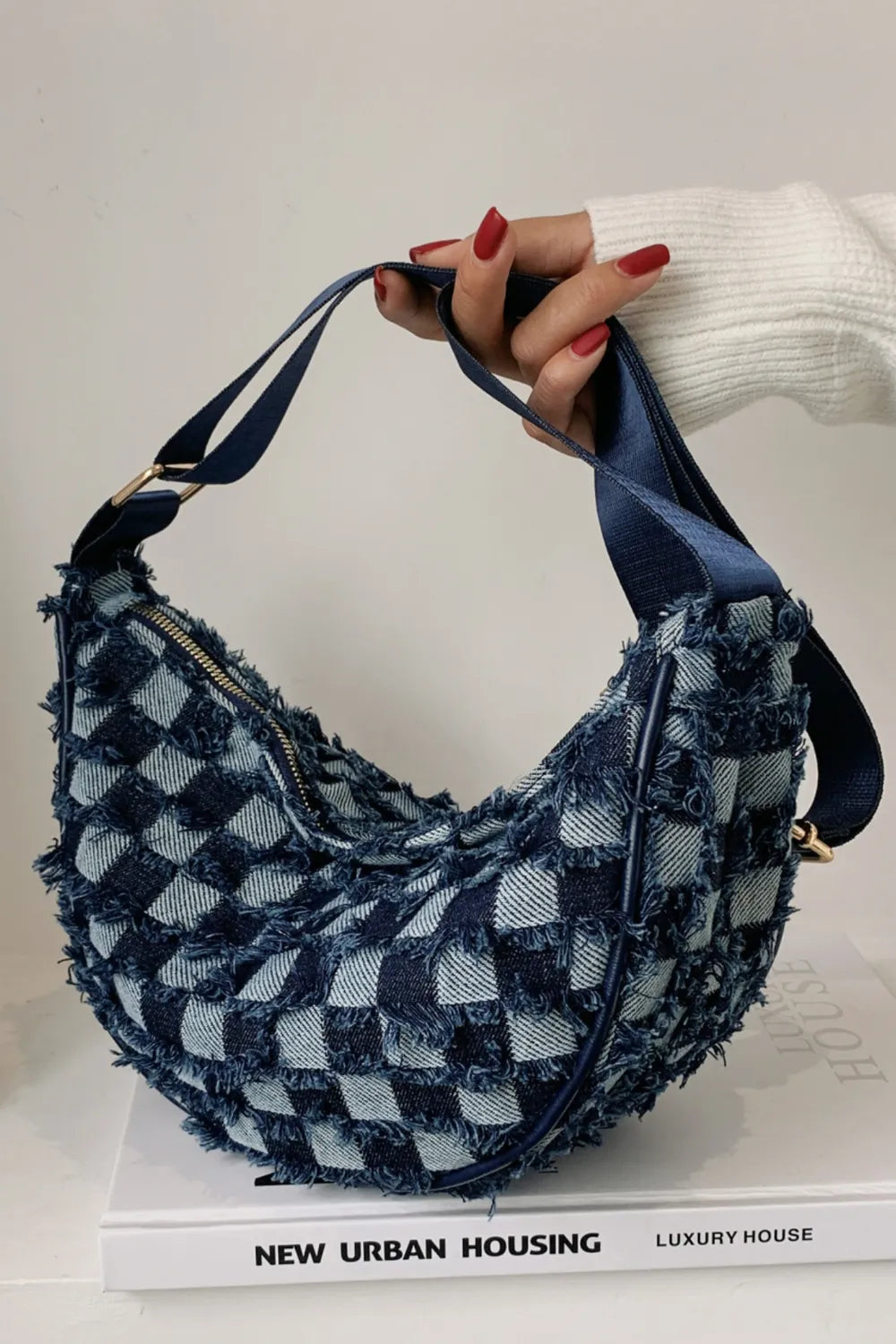 Raw Hem Checkered Denim Crossbody Bag - LaTezza Online Shop