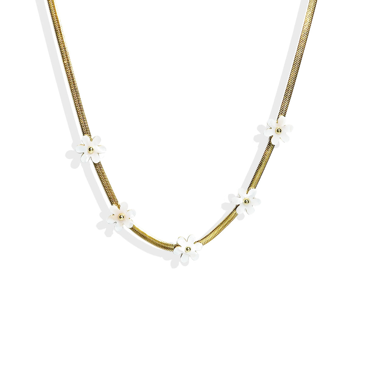 18K Gold Plated Bohemian Floral Necklace Stainless Steel With White Blossom Charms