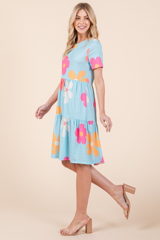 BOMBOM Floral Round Neck Short Sleeve Tiered Dress - LaTezza Online Shop