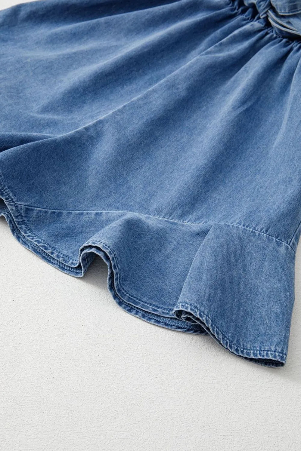 Spaghetti Straps V Neck Belted Ruffled Leg Chambray Romper - LaTezza Online Shop