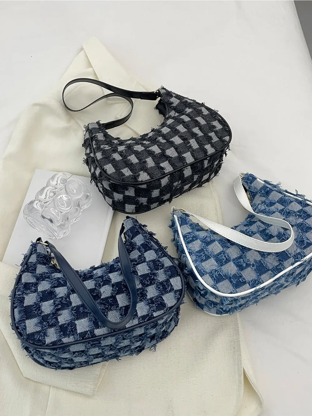 Checkered Raw Hem Shoulder Bag - LaTezza Online Shop