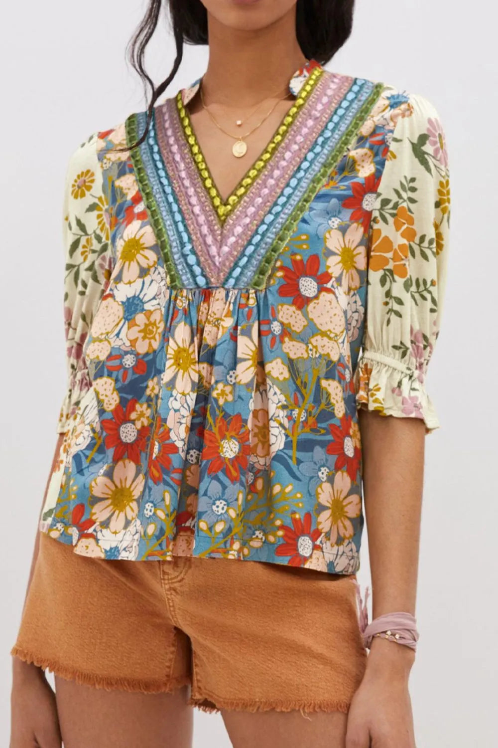 Multicolour Crochet V Neck Half Sleeve Boho Floral Blouse - LaTezza Online Shop