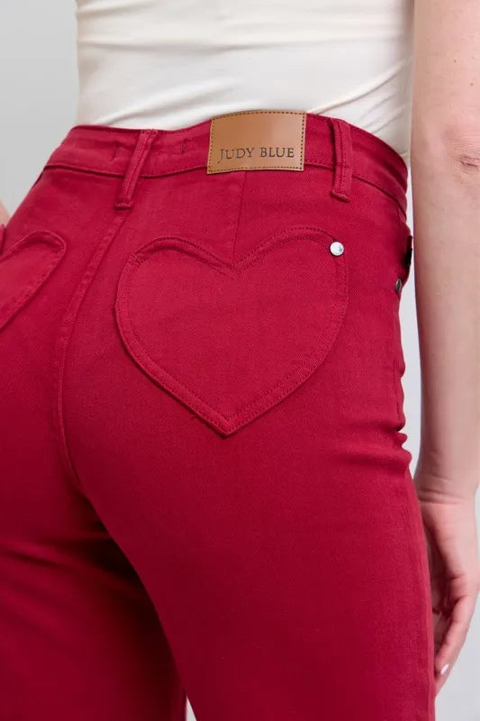 Judy Blue High Waist Straight Red Jeans Heart Shaped Back Pockets 90's Style - LaTezza Online Shop