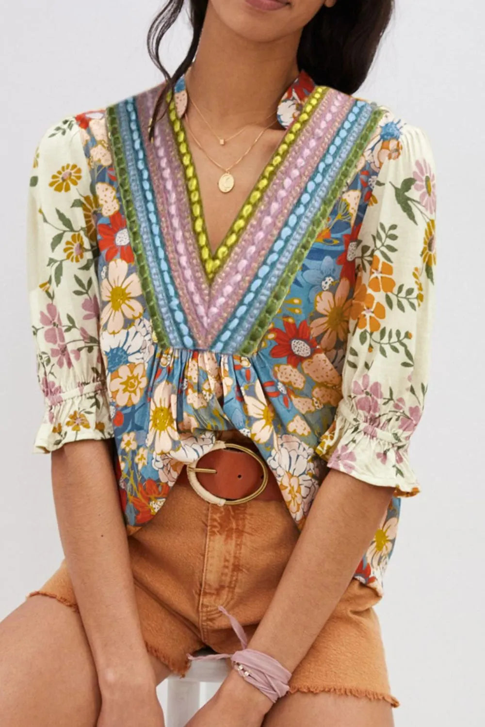 Multicolour Crochet V Neck Half Sleeve Boho Floral Blouse - LaTezza Online Shop
