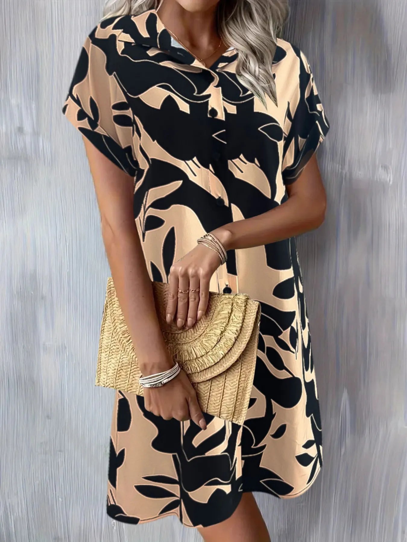Printed Button Down Short Sleeve Dress