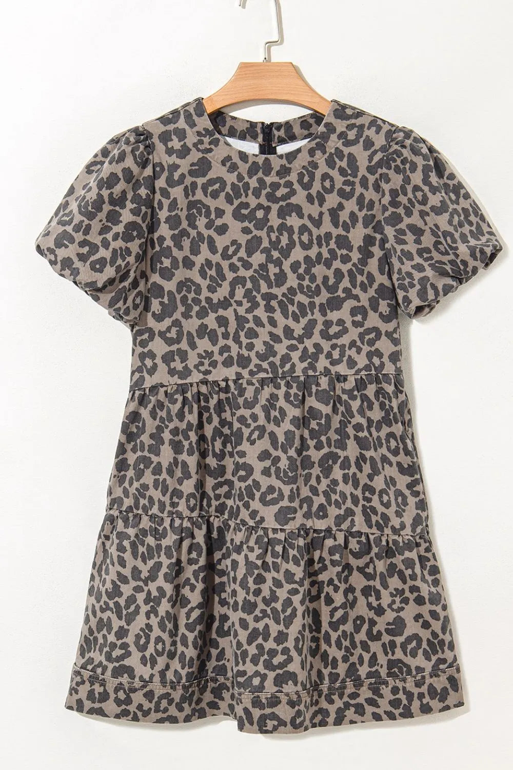 Leopard Round Neck Puff Sleeve Denim Dress - LaTezza Online Shop