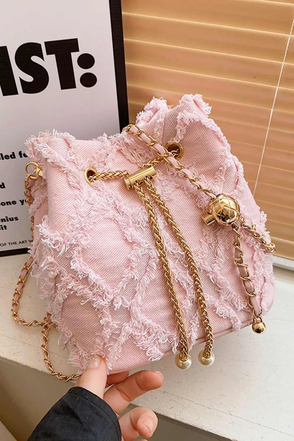Chain Drawstring Raw Edge Denim Bucket Bag - LaTezza Online Shop