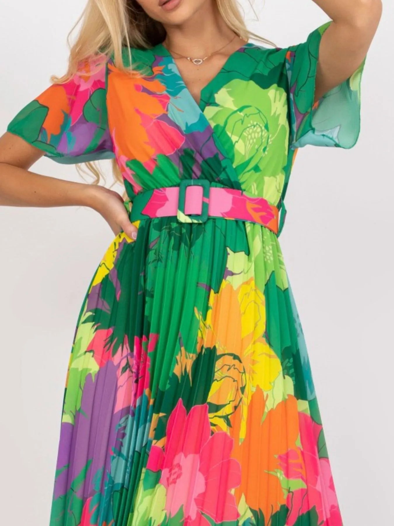 Printed Pleated Midi Wrap Dress with Belt - LaTezza Online Shop