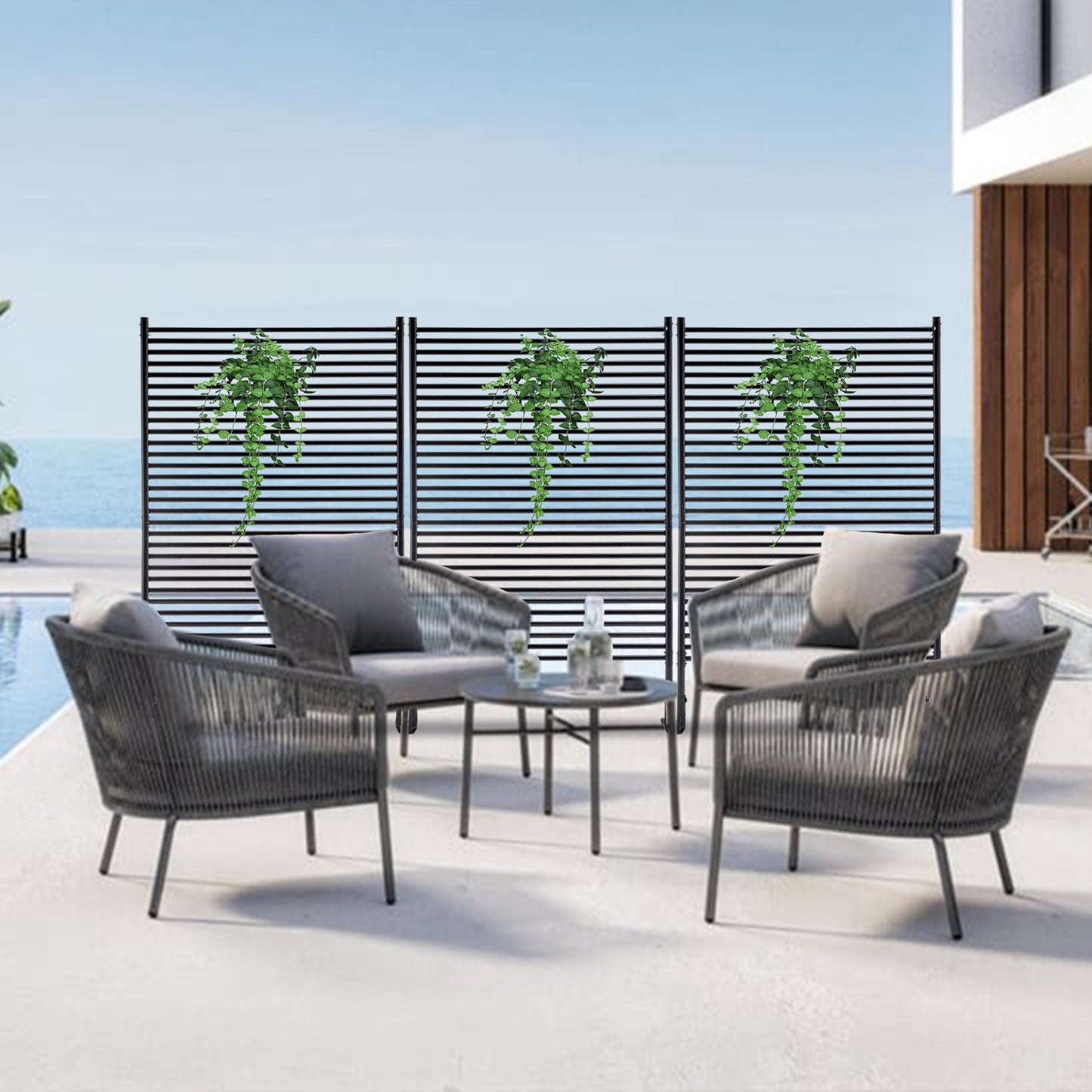 71.26''x46.65'' Outdoor Privacy Screens Freestanding Metal Fence Panels Slatted With Stand Black - LaTezza Online Shop