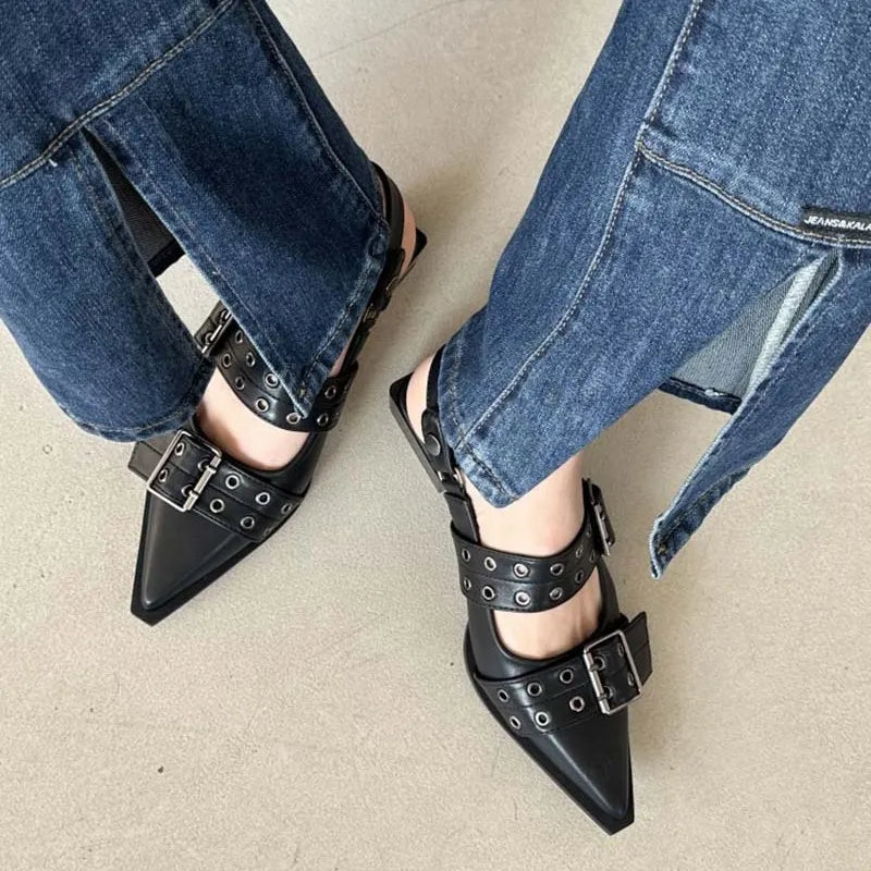 Square Toe Flats Loafers Point Toe Eyelet Buckle Slip-Ons - LaTezza Online Shop