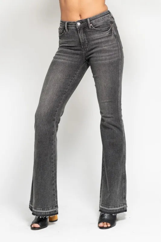 Judy Blue Full Size Mid Rise Tummy Control Washed Gray Release Hem Flare Jeans Plus Size - LaTezza Online Shop