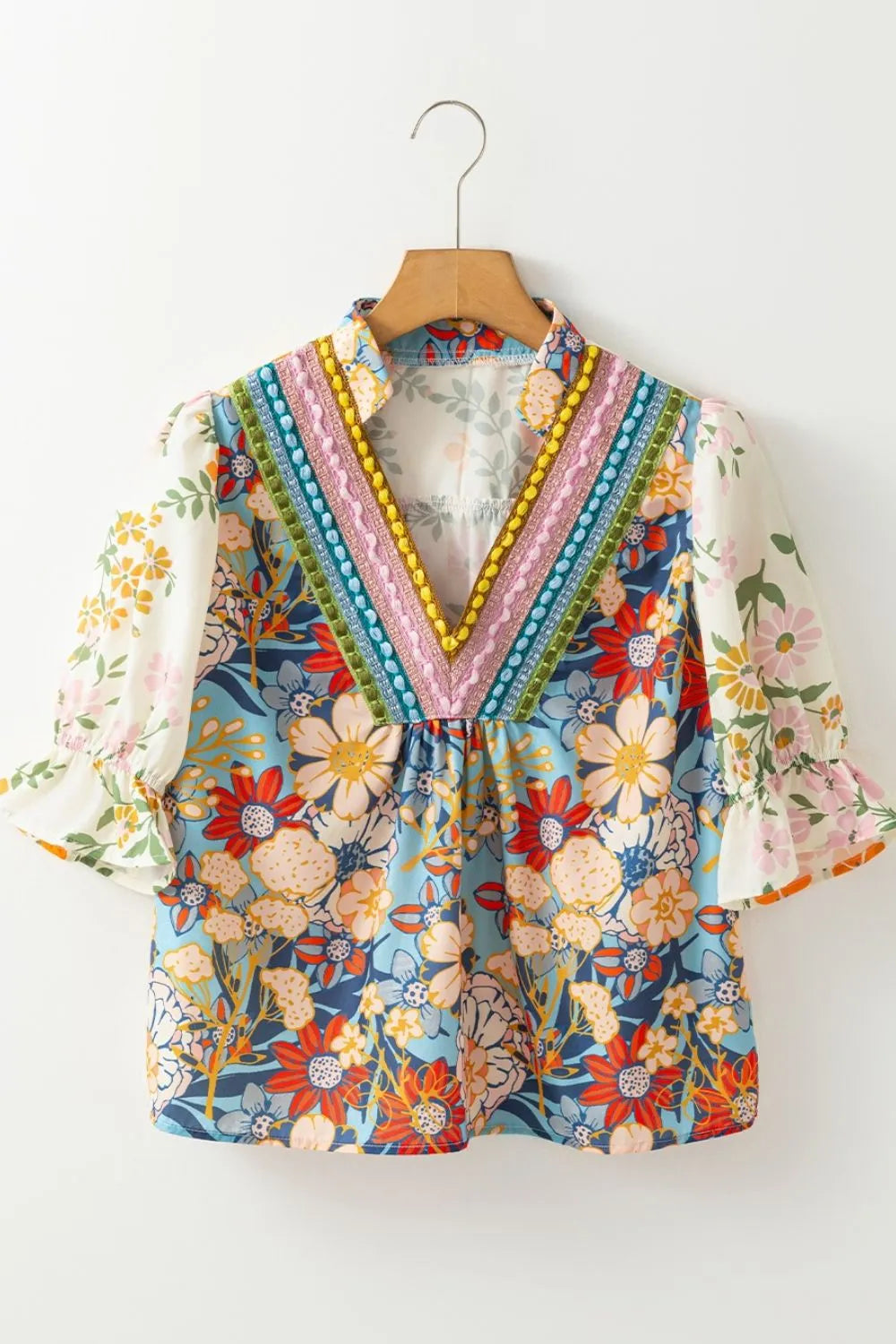 Multicolour Crochet V Neck Half Sleeve Boho Floral Blouse - LaTezza Online Shop