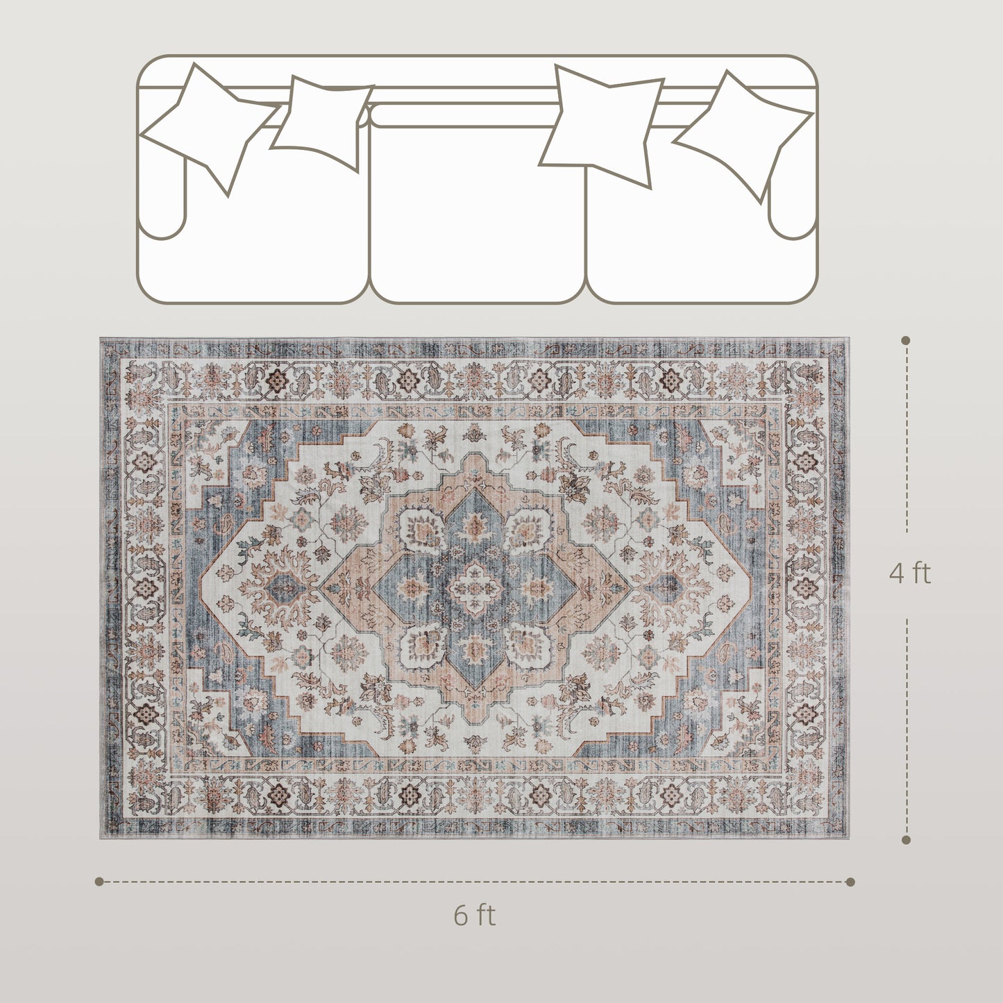 4x6 Area Rug, Vintage Machine Washable Rug, Non-Slip Carpet For Living Room, Bedroom, Dining Room, Brown & Light Blue