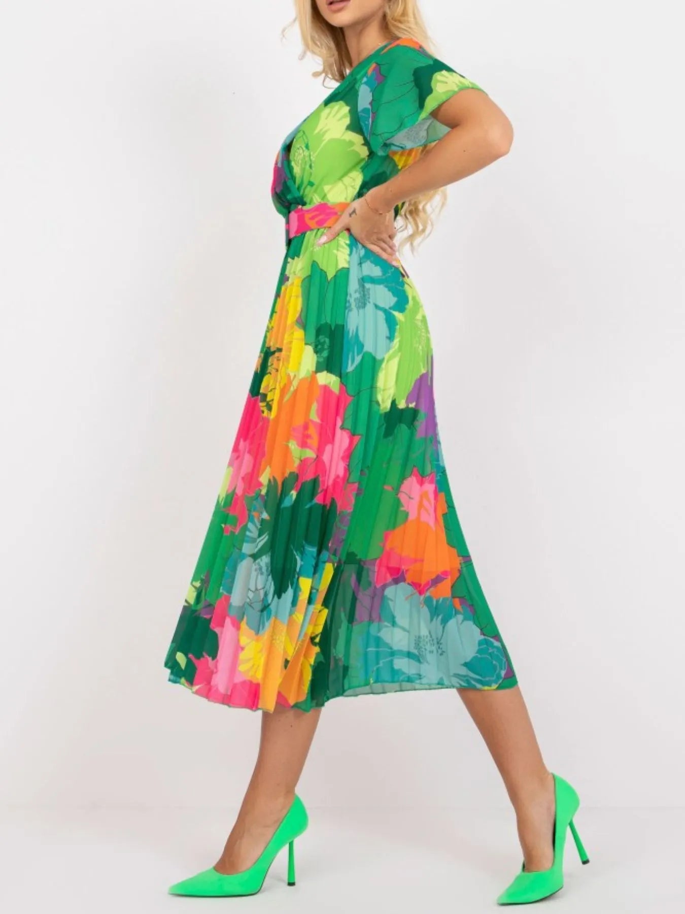 Printed Pleated Midi Wrap Dress with Belt - LaTezza Online Shop