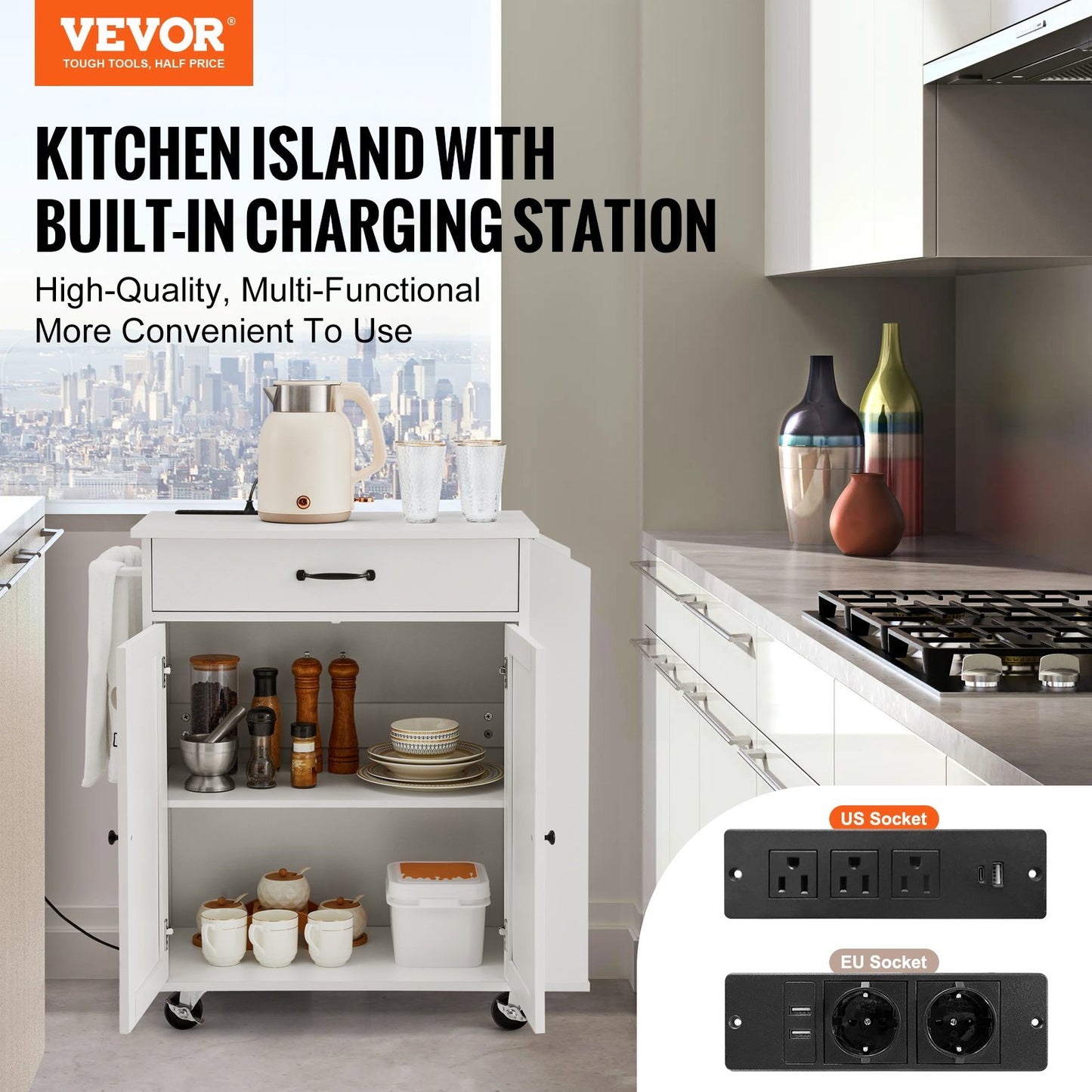 VEVOR Kitchen Island Cart Rolling Storage Cabinet On Wheel With Charging Station - LaTezza Online Shop