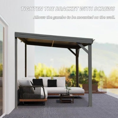8x 8 Lean To Gazebo With Upgraded Drainage System Wall Mounted Hardtop Galvanized Steel Sloping Roof Gray