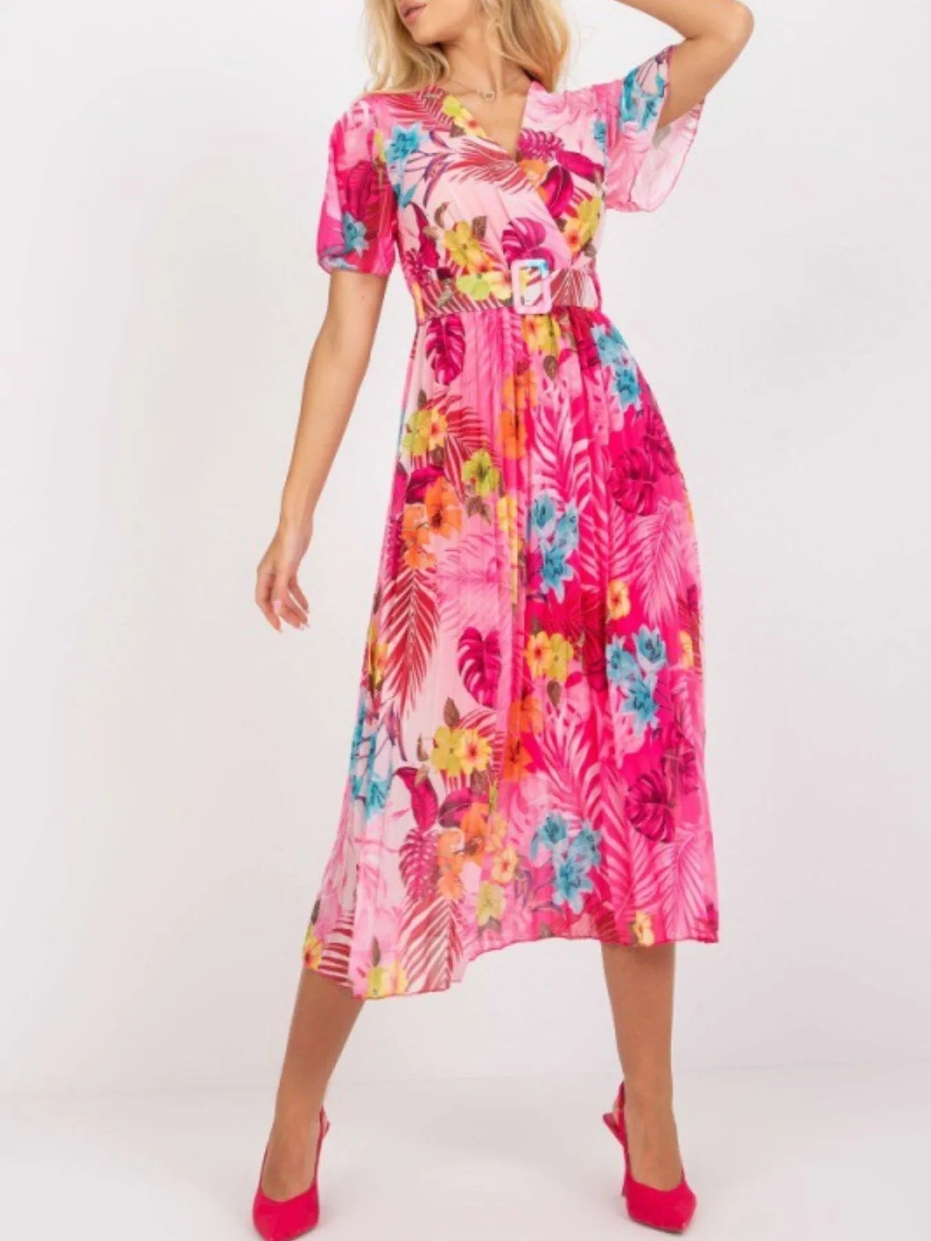 Printed Pleated Midi Wrap Dress with Belt - LaTezza Online Shop
