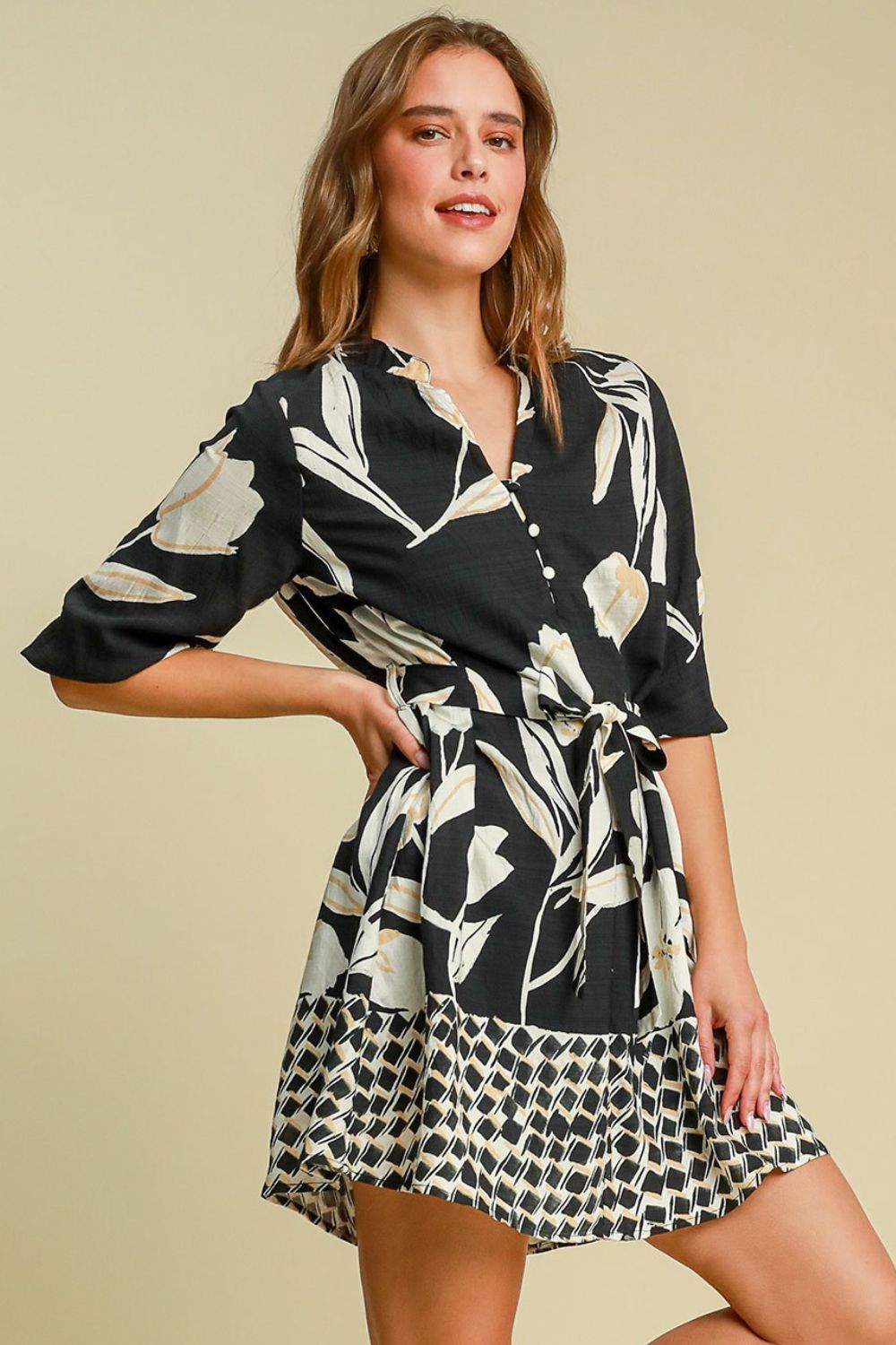 Mini Dress Full Size Floral Print Notched Tie Waist Plus Size - LaTezza Online Shop