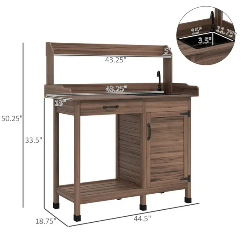 Dark Brown Outdoor Potting Bench With Storage Cabinet, Sink And Faucet