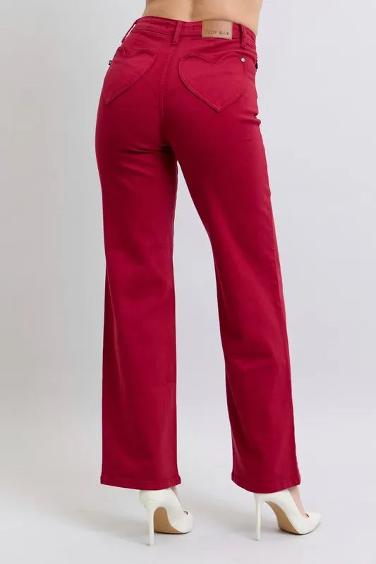 Judy Blue High Waist Straight Red Jeans Heart Shaped Back Pockets 90's Style - LaTezza Online Shop