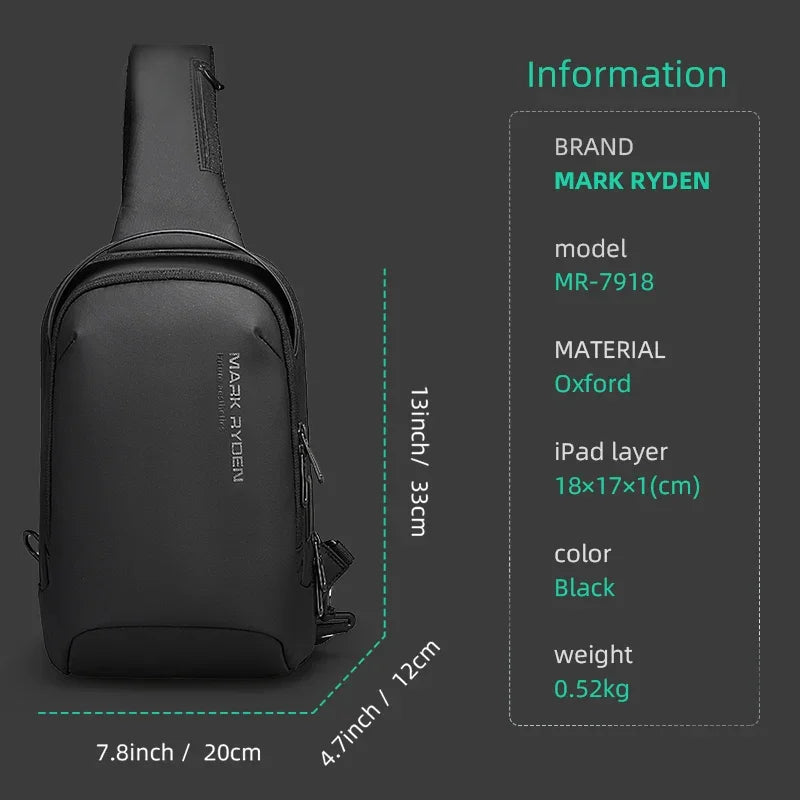 Mark Ryden Shoulder Bag For Men Water-repellent Sports Chest Bag Anti-theft Crossbody Bags USB Charging Messenger Bag