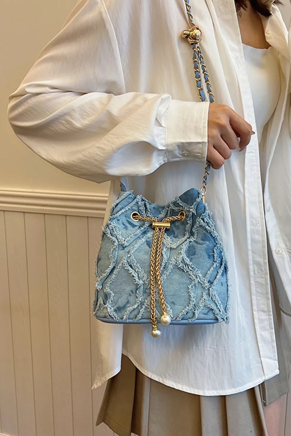 Chain Drawstring Raw Edge Denim Bucket Bag - LaTezza Online Shop