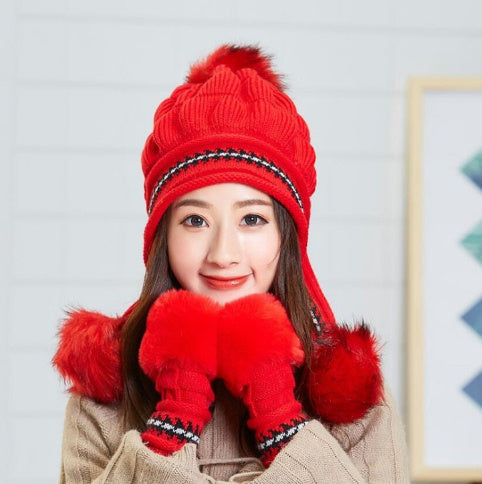 Knit Fleece-Feel Beanie With Ear Flaps & Pompom Warm Winter Hat For Women - LaTezza Online Shop