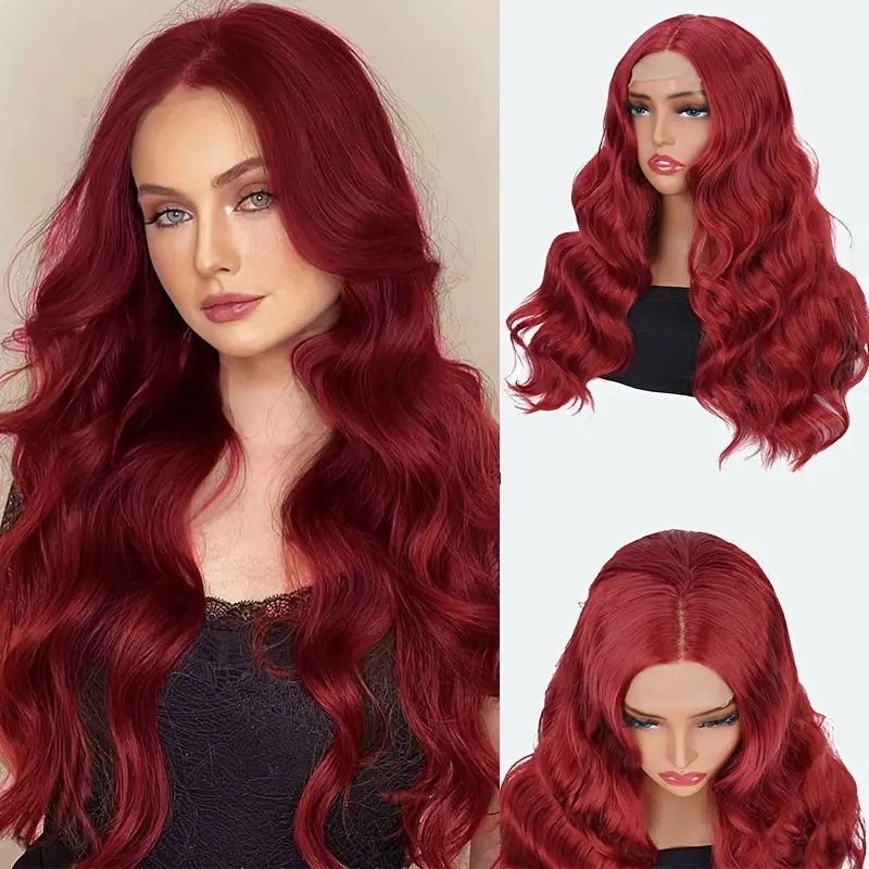 Elegant 24 Inch Red Wavy Synthetic Wig For Women, 4x1 Front Lace, High Temperature Fiber, Middle Part, Natural Look, Breathable, Comfortable, Versatile For Cosplay & Daily Use, All Ethnicitie - LaTezza Online Shop