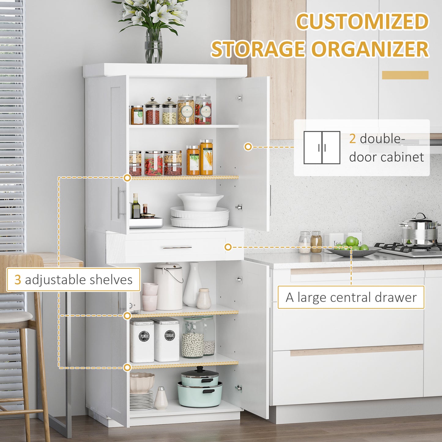 Kitchen Pantry Cabinet 4 Doors, Drawer And 3 Adjustable Shelves For Dining Room, White