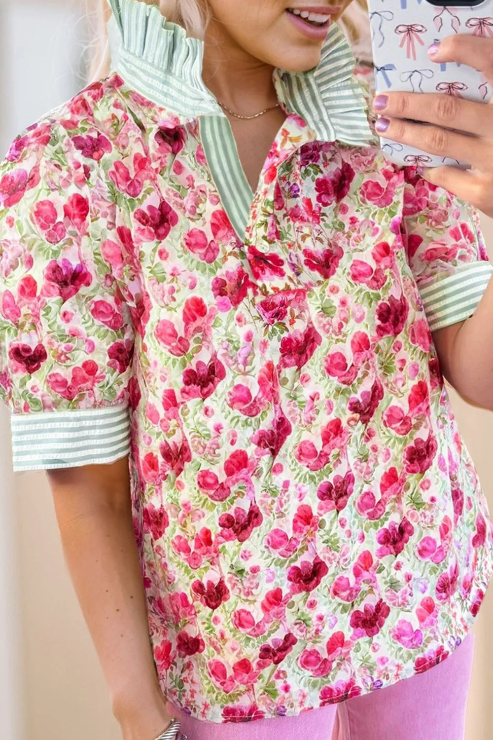 Printed Collared Neck Short Sleeve Blouse - LaTezza Online Shop