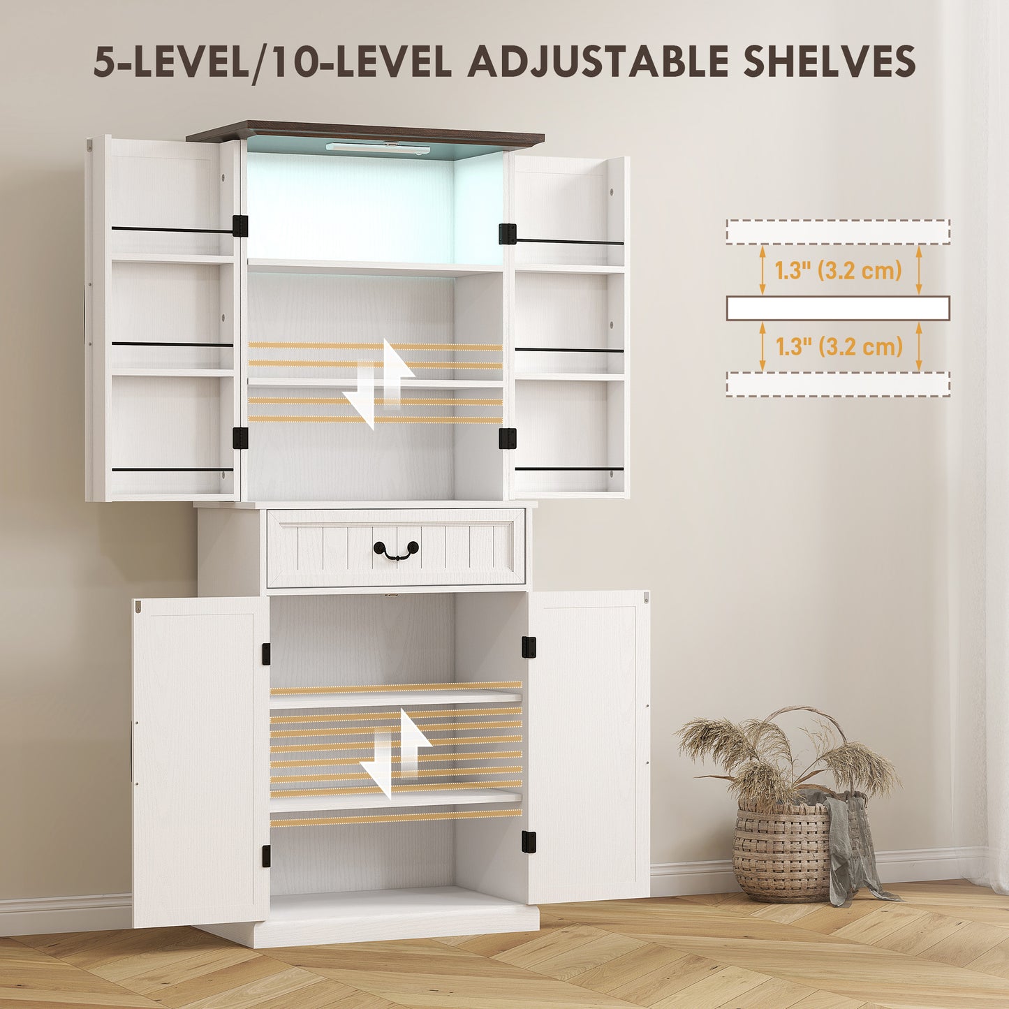 71 LED Kitchen Pantry Cabinet, Farmhouse Storage Cabinet With Door Shelves, Distressed White