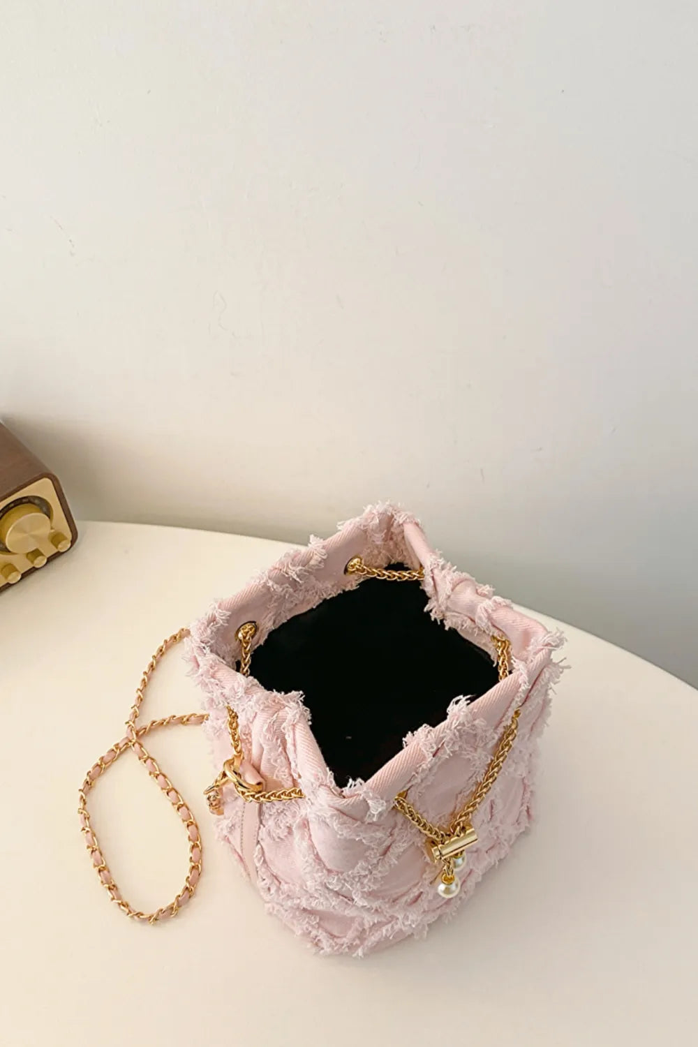 Chain Drawstring Raw Edge Denim Bucket Bag - LaTezza Online Shop