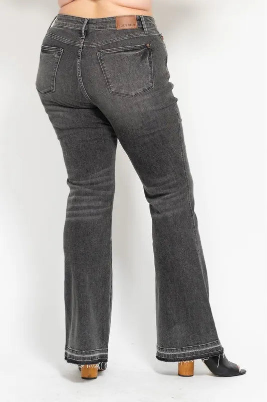 Judy Blue Full Size Mid Rise Tummy Control Washed Gray Release Hem Flare Jeans Plus Size - LaTezza Online Shop