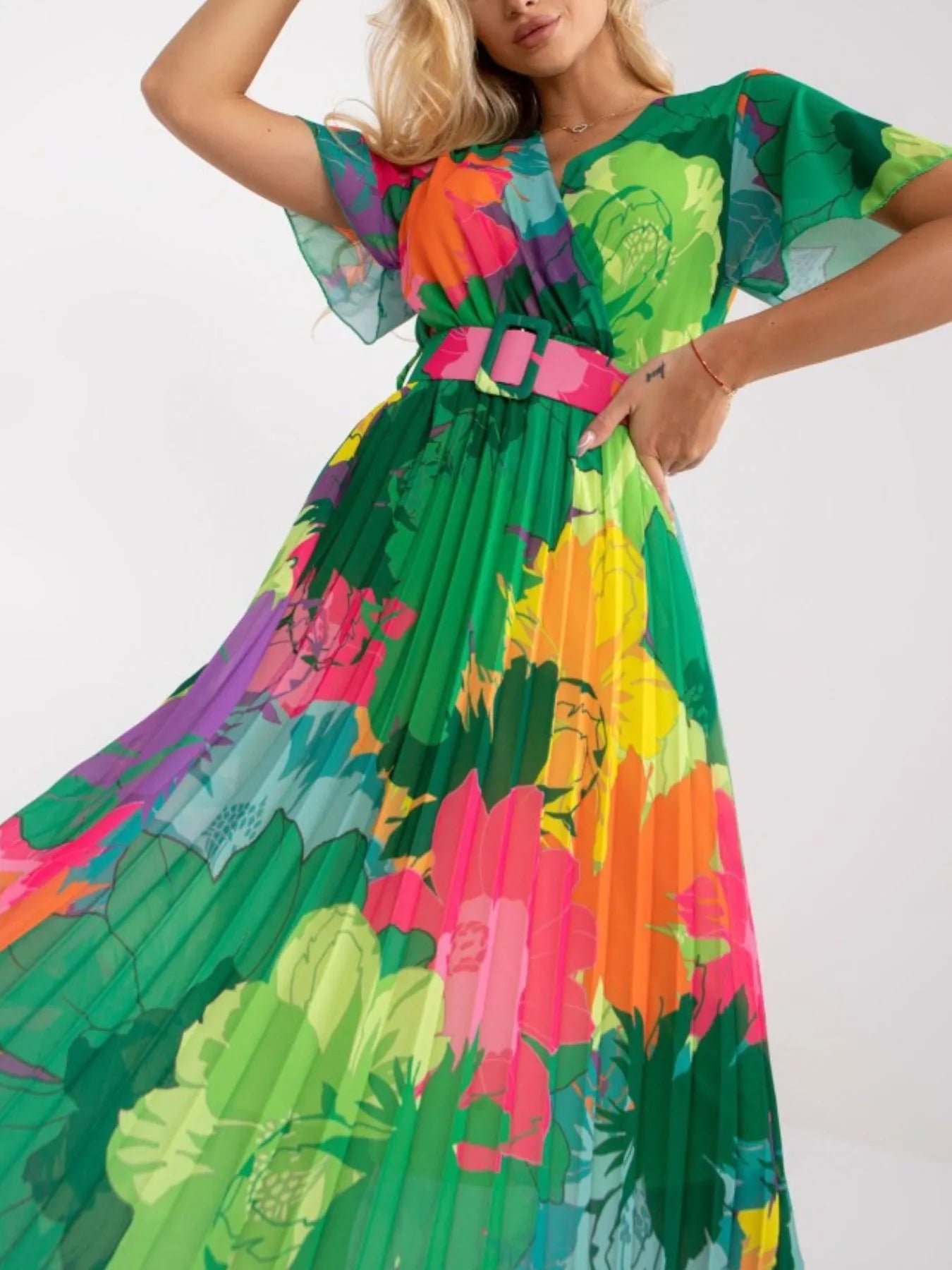 Printed Pleated Midi Wrap Dress with Belt - LaTezza Online Shop