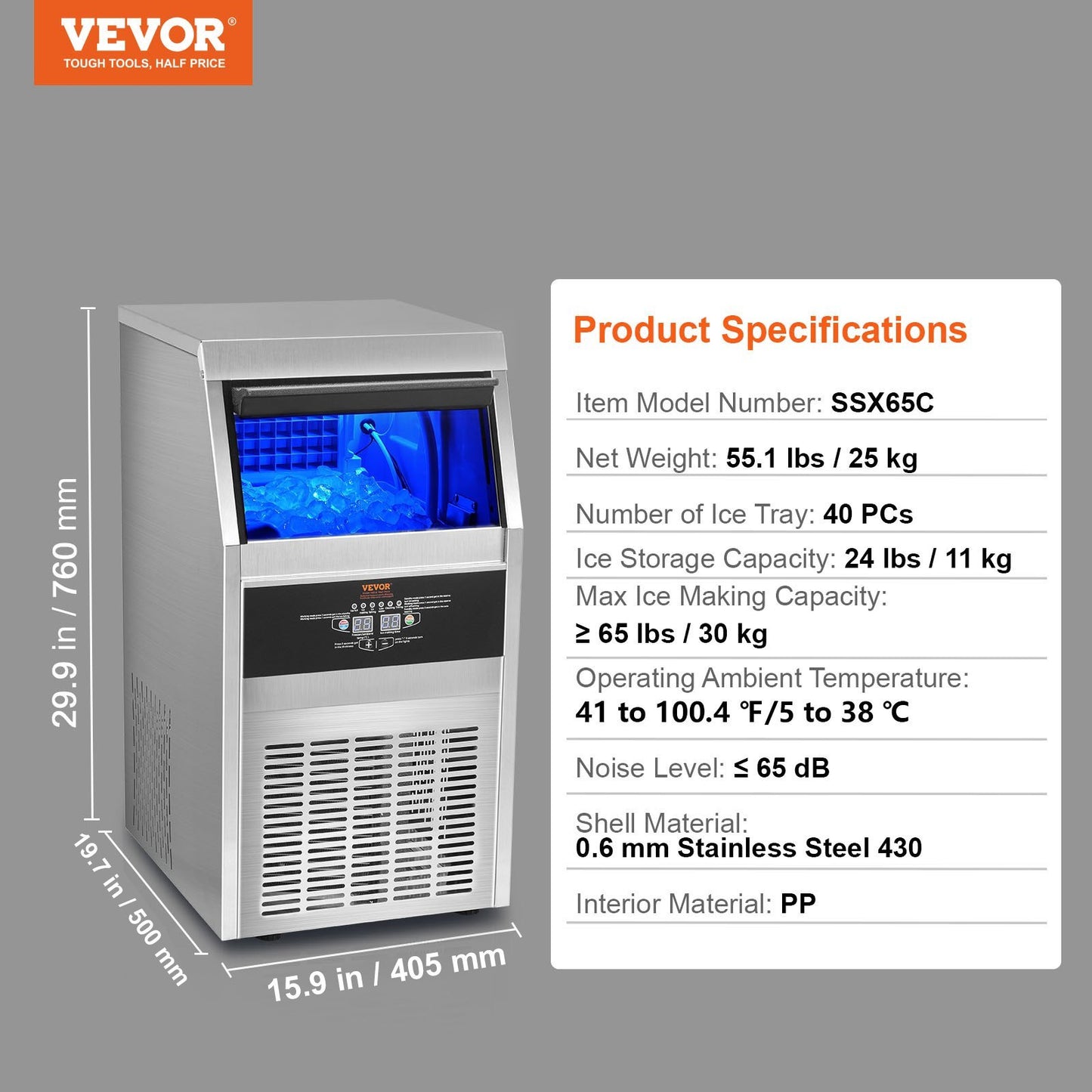VEVOR 110V Commercial Ice Maker 65LBS 24H With 24LBS Bin Heavy Duty Stainless Steel Construction Automatic Operation