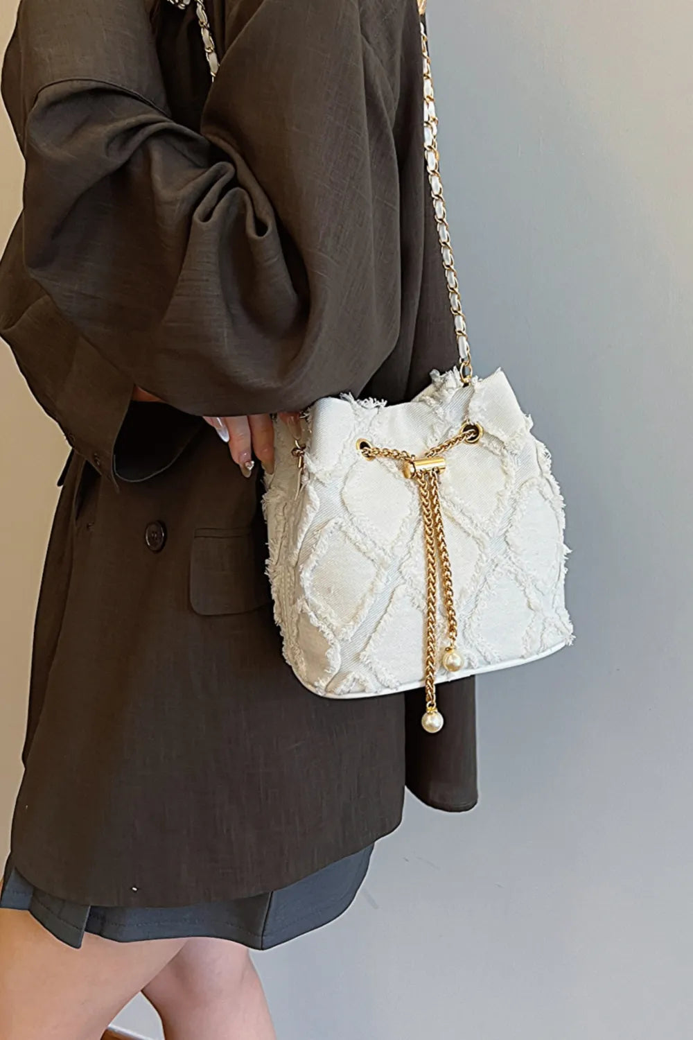 Chain Drawstring Raw Edge Denim Bucket Bag - LaTezza Online Shop