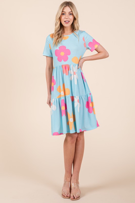 BOMBOM Floral Round Neck Short Sleeve Tiered Dress - LaTezza Online Shop