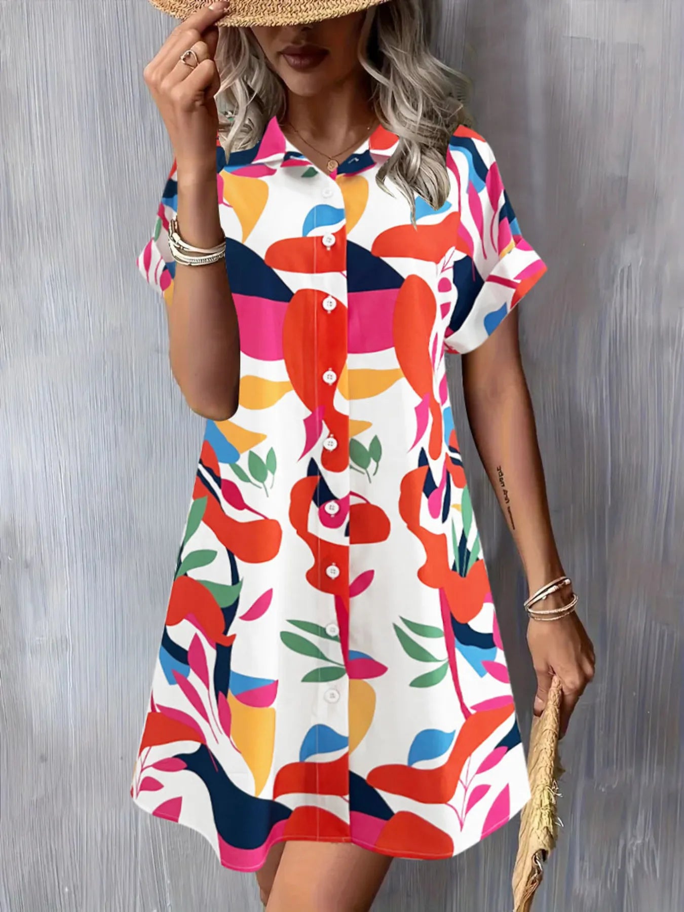 Printed Button Down Short Sleeve Dress