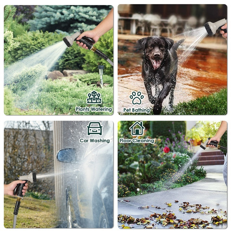 Metal Garden Hose Stainless Steel Flexible With 10 Adjustable Patterns Spray Heavy Duty 2 Nozzles
