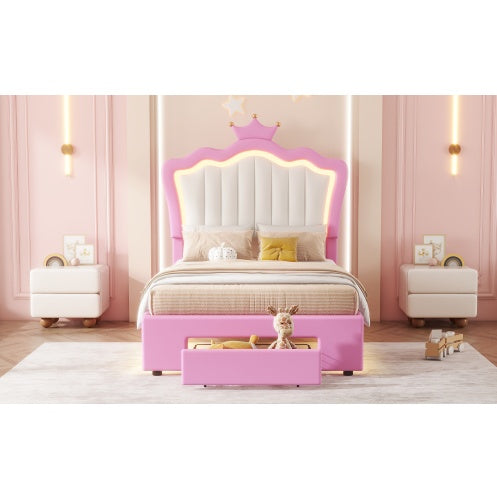 Twin Size Upholstered Bed Frame With LED Lights Modern Princess Bed With Crown Headboard and drawer