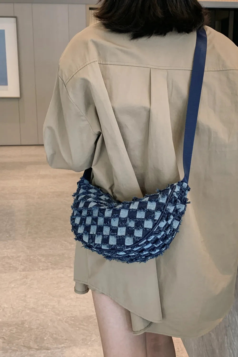 Raw Hem Checkered Denim Crossbody Bag - LaTezza Online Shop