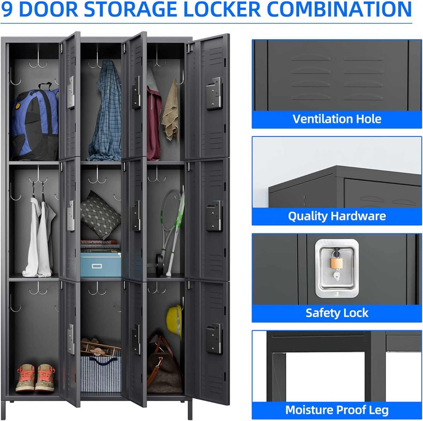 9 Doors Metal Storage Locker With 27 Hooks,Metal Lockers For Employees Assembly Required - LaTezza Online Shop
