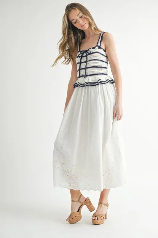 MABLE Crochet Stripe Knit Eyelet Mix Midi Dress - LaTezza Online Shop