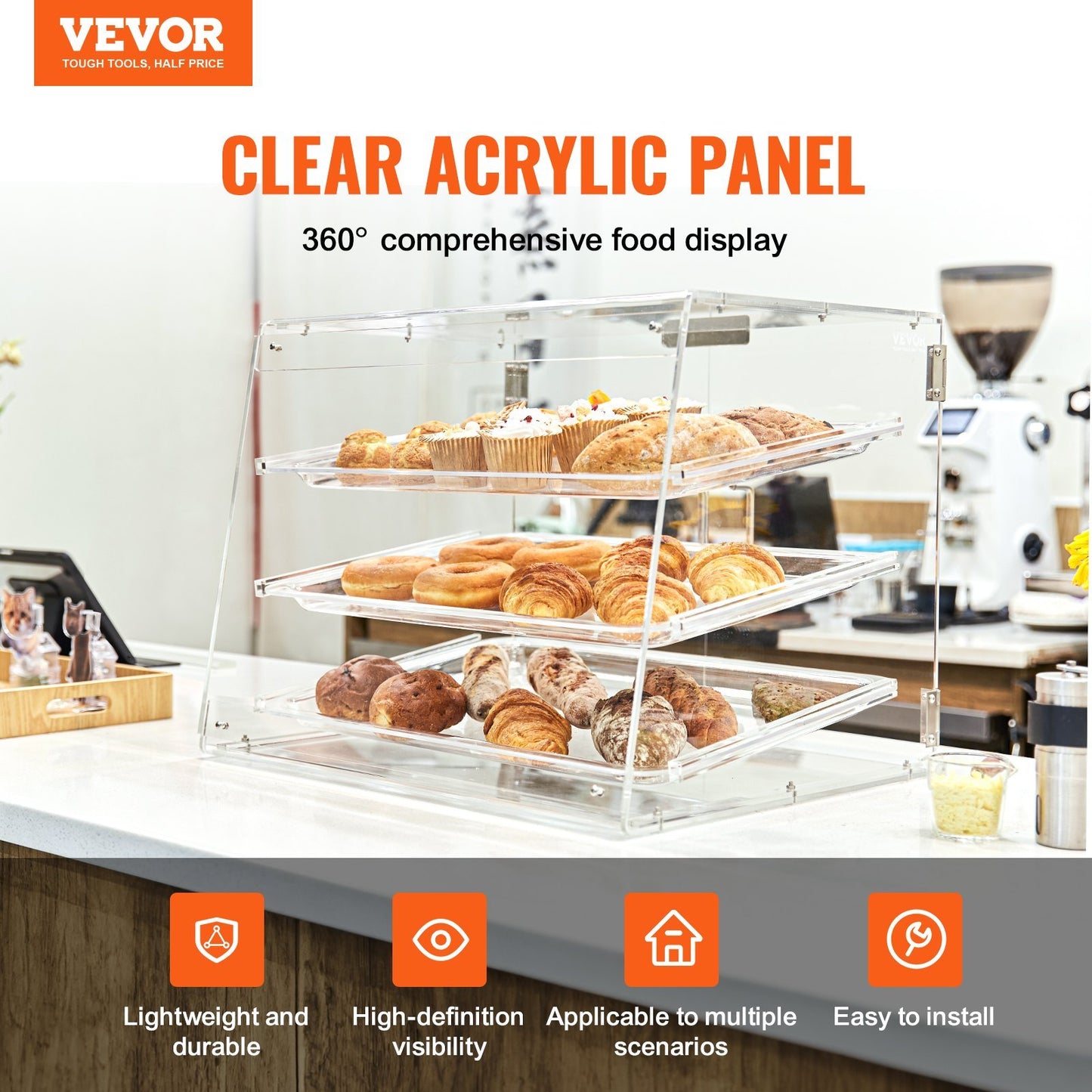 VEVOR 3-Tier Commercial Pastry Countertop Acrylic Bakery Display Case